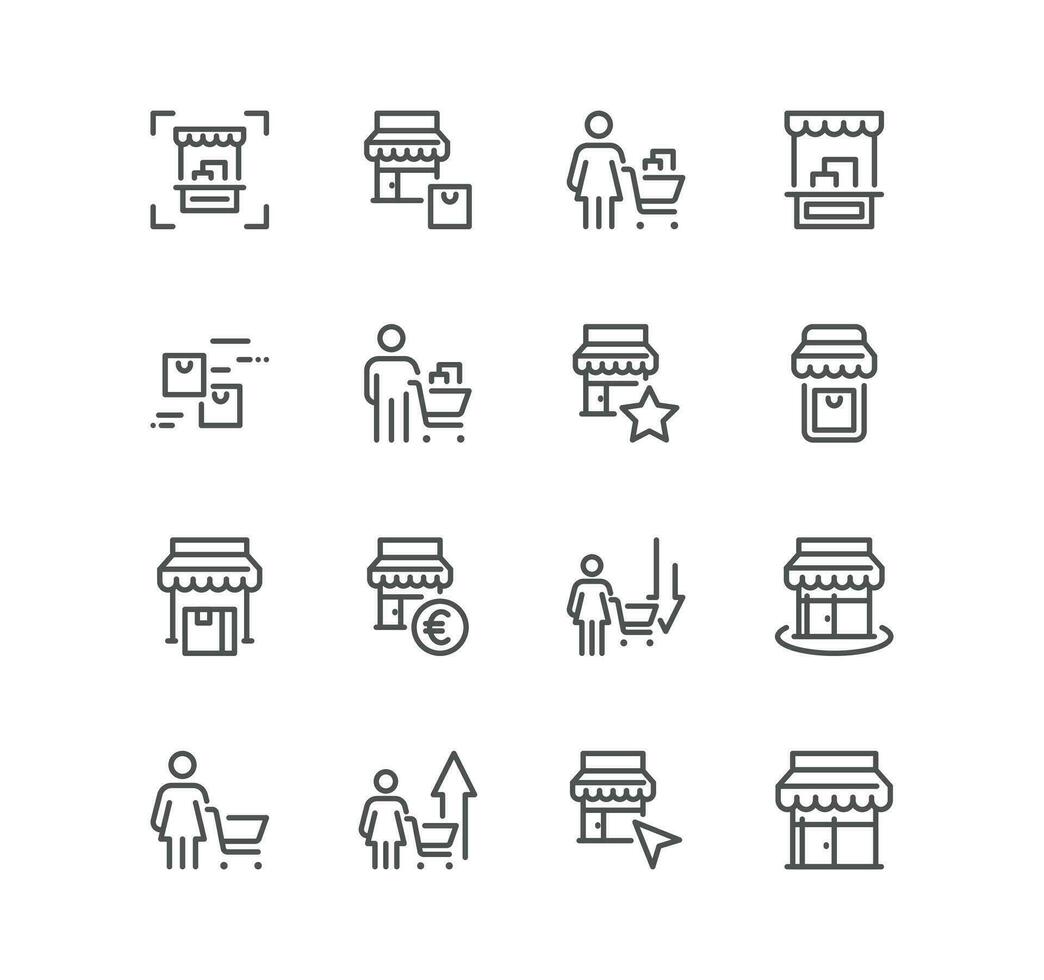 Set of shop management related icons, increase sales, supermarket, boutique, showroom building and linear variety vectors. vector
