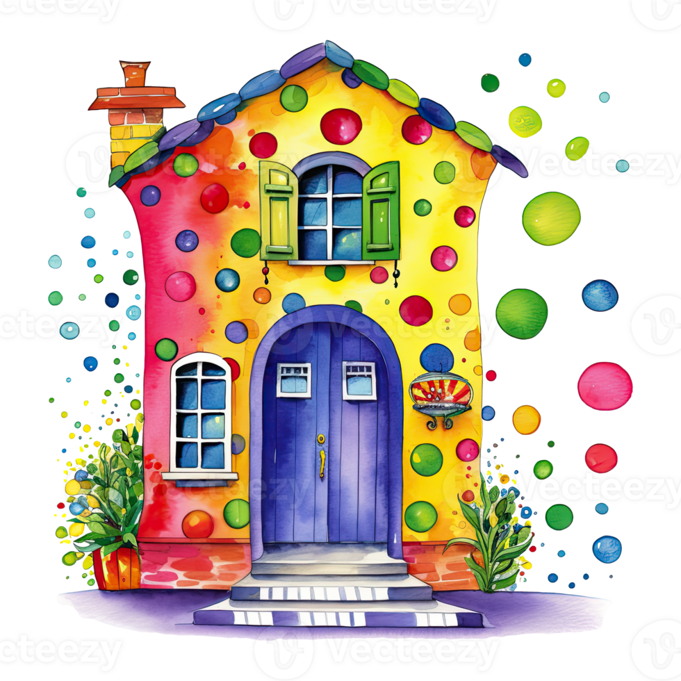 Watercolor colorful cute happy house with polka dot, isolated. png