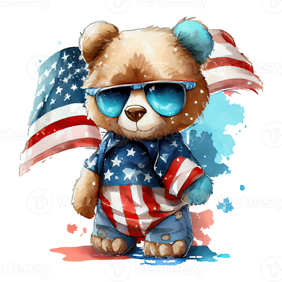 aquarelle content mignonne patriotique ours avec américain drapeau imprimer, Quatrième 4e de juillet indépendance journée Etats-Unis, isolé. génératif ai png