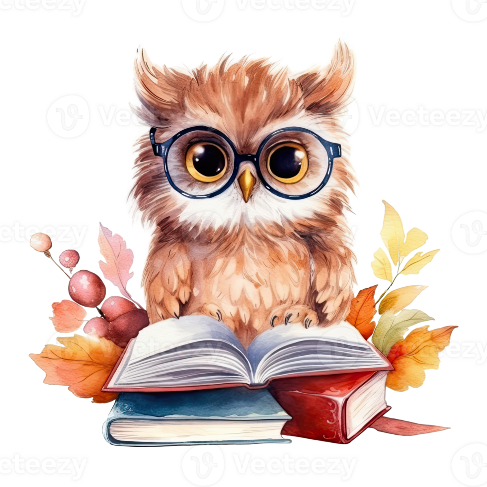 Watercolor cute owl with glasses reading book, isolated. png