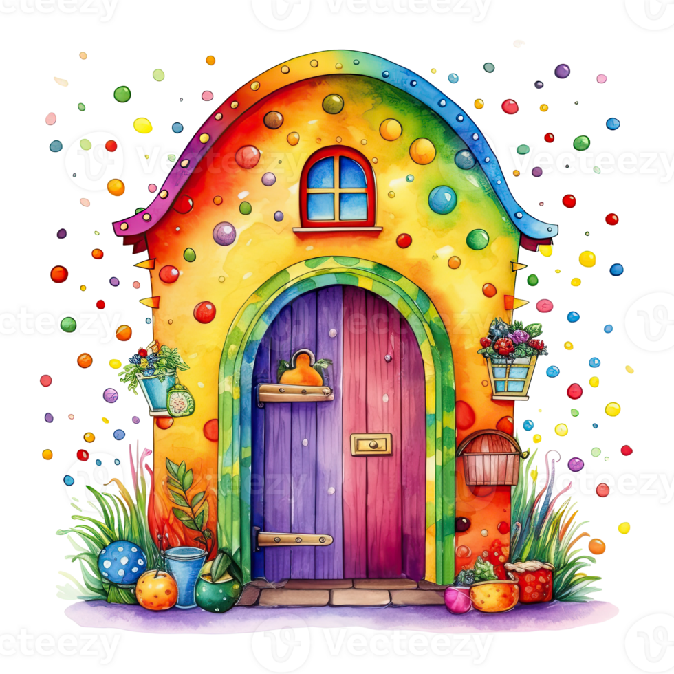 Watercolor colorful cute happy house with polka dot, isolated. png