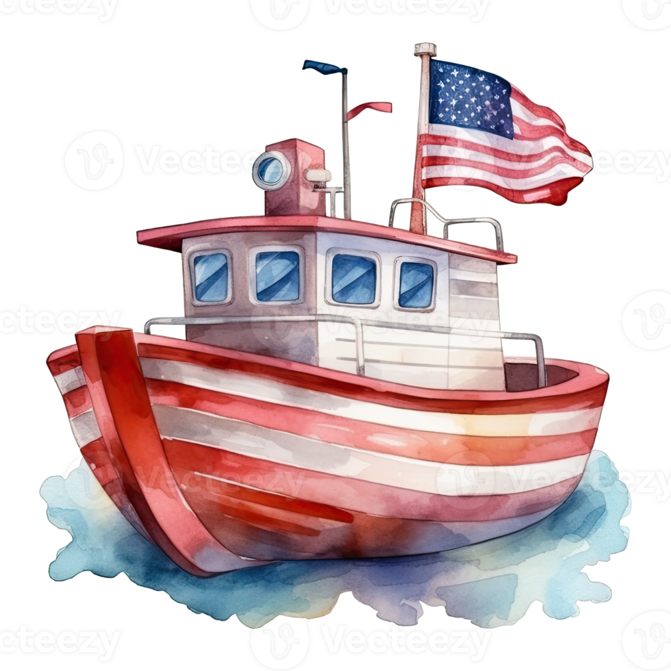 Aquarell glücklich süß patriotisch Boot, Schiff mit amerikanisch Flagge drucken, vierte 4 .. von Juli Unabhängigkeit Tag USA, isoliert. generativ ai png