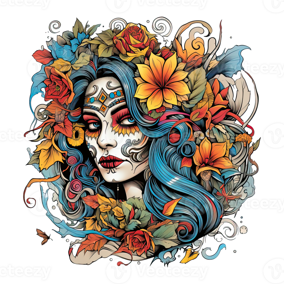 Tattoo style portrait of chicano girl, Mexican woman with flowers art, isolated. png