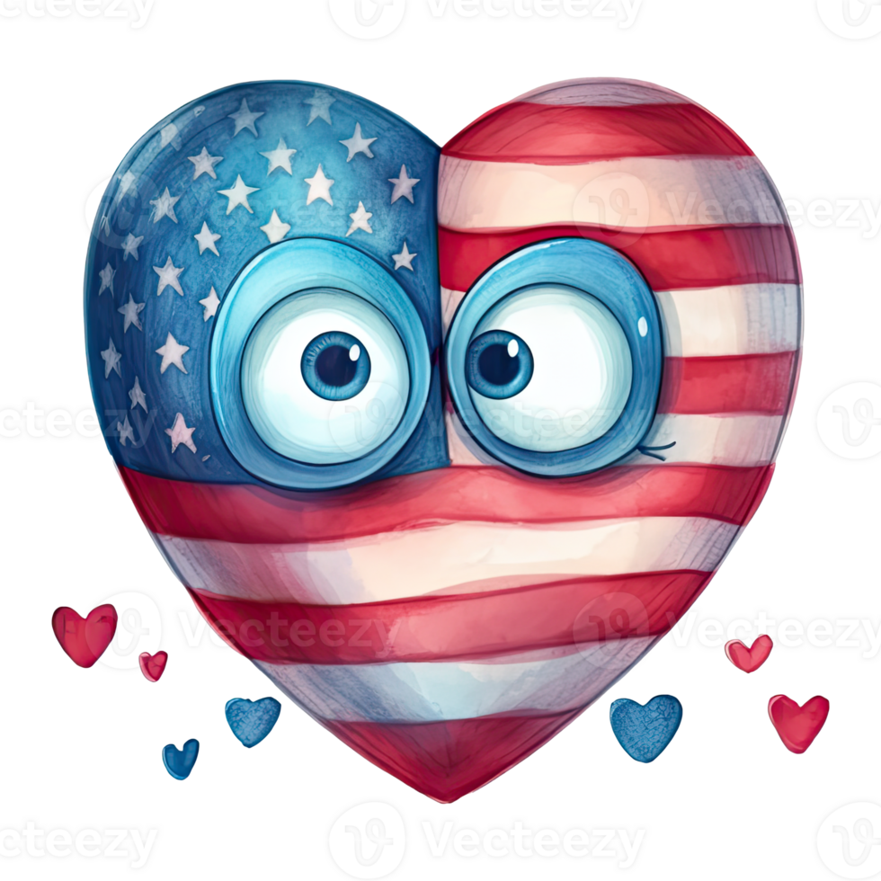 Watercolor happy cute patriotic heart with love, American flag print, Fourth 4th of july Independence Day USA, isolated. png