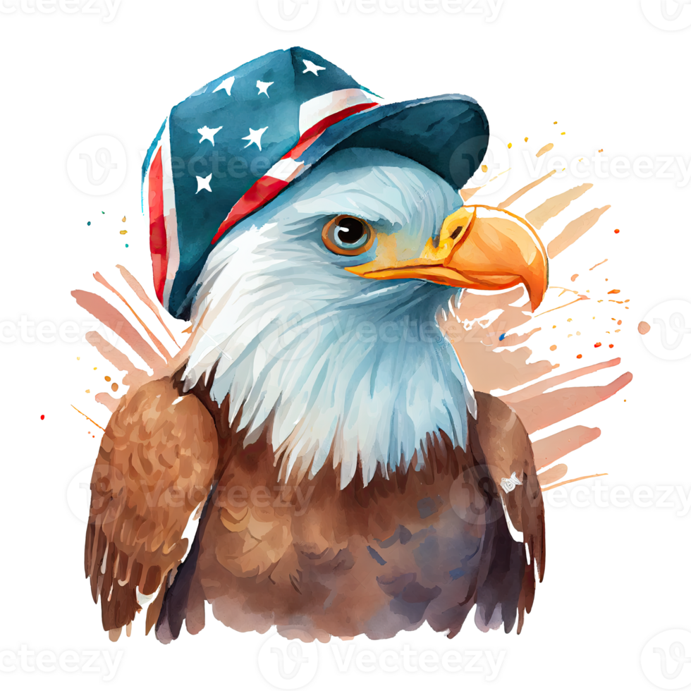 Watercolor happy cute patriotic eagle with American flag print, Fourth 4th of july Independence Day USA, isolated. png