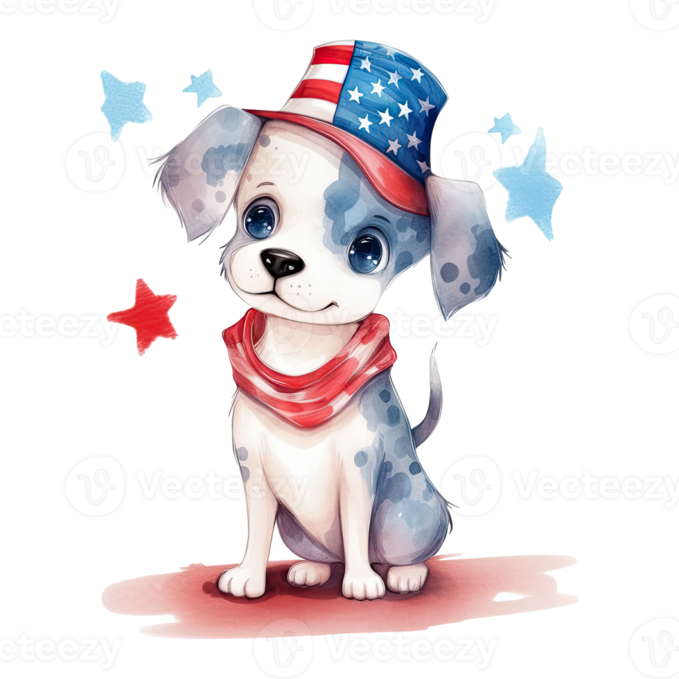 Watercolor happy cute patriotic dog, puppy with American flag print, Fourth 4th of july Independence Day USA, isolated. png