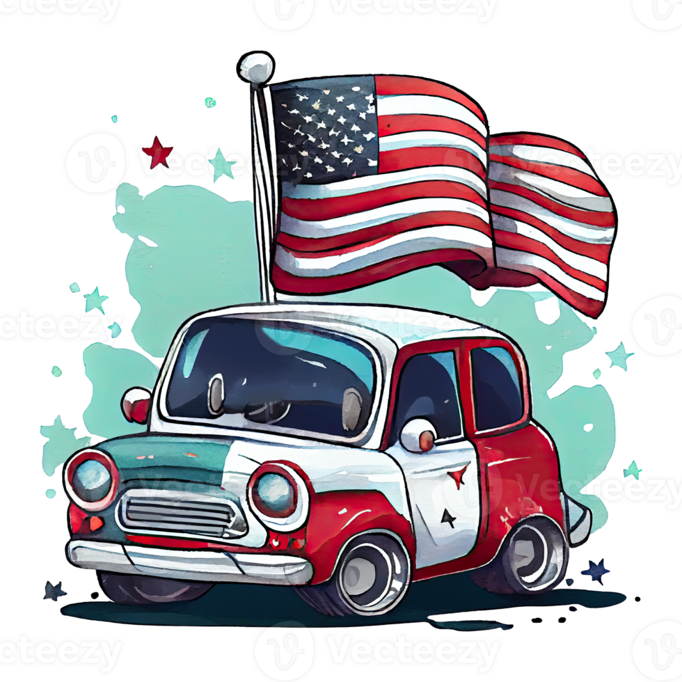 Watercolor happy cute patriotic car with American flag print, Fourth 4th of july Independence Day USA, isolated. png