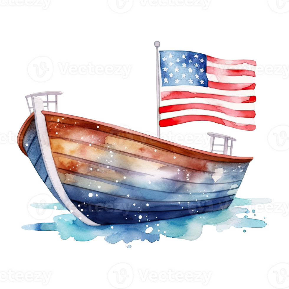 Watercolor happy cute patriotic boat, ship with American flag print, Fourth 4th of july Independence Day USA, isolated. png