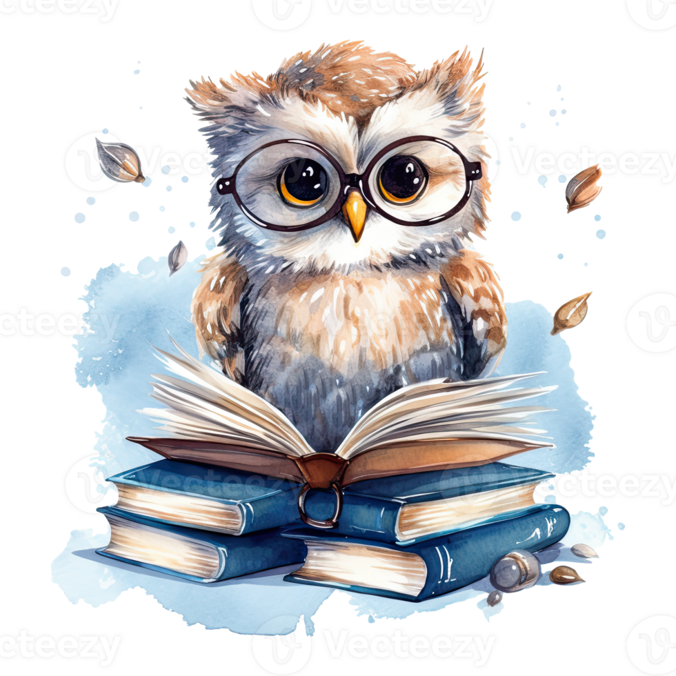 Watercolor cute owl with glasses reading book, isolated. png