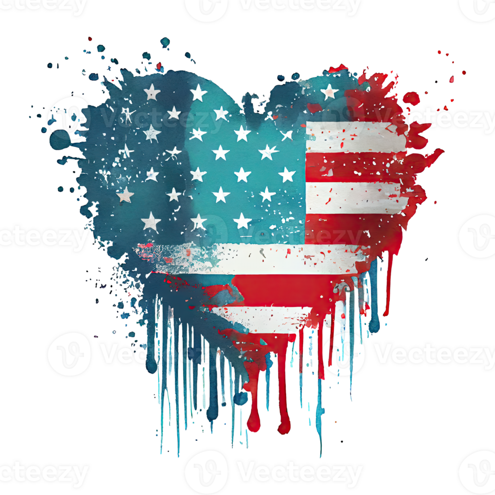 Watercolor happy cute patriotic heart with love, American flag print, Fourth 4th of july Independence Day USA, isolated. png