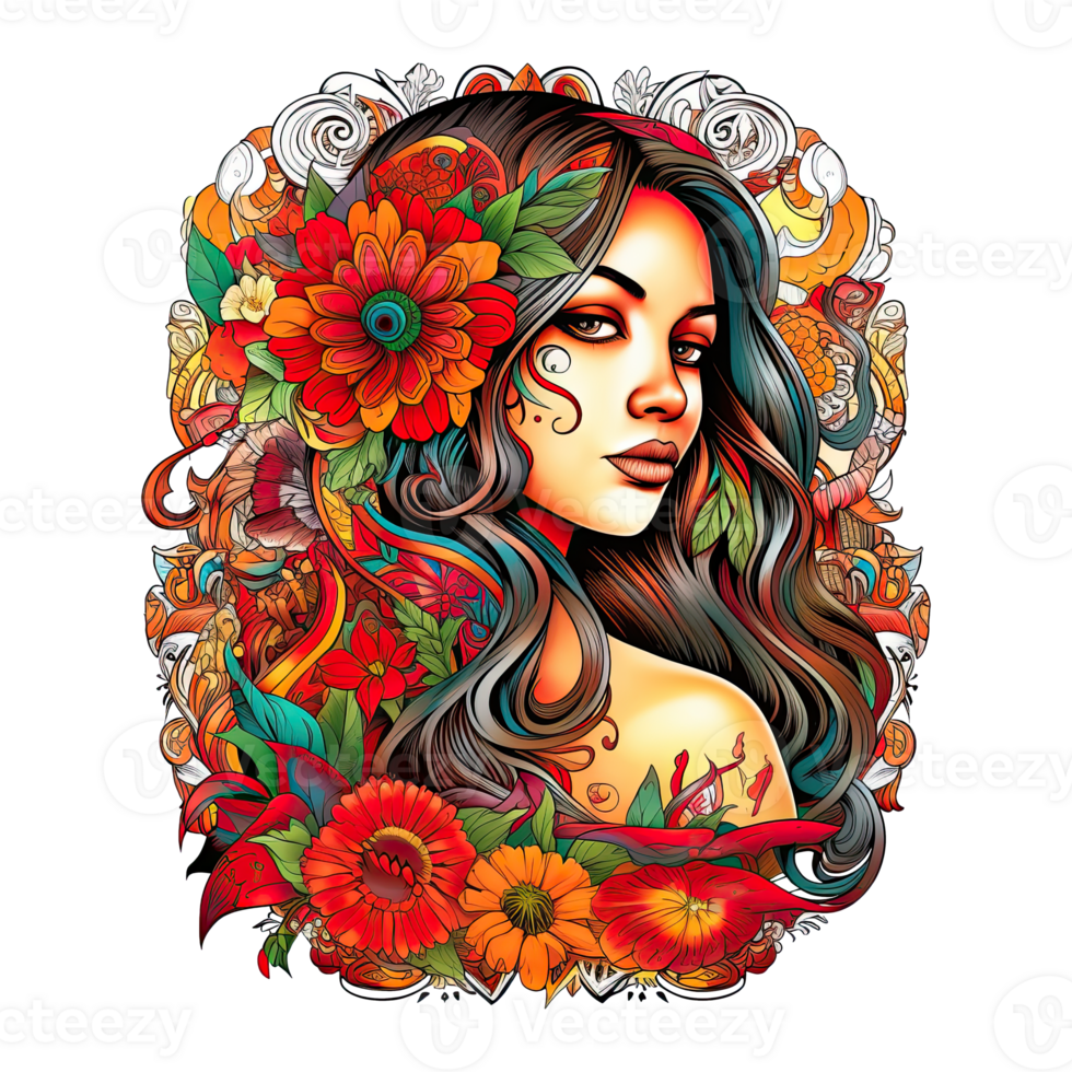 Tattoo style portrait of chicano girl, Mexican woman with flowers art, isolated. png