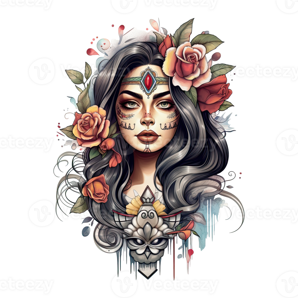 Tattoo style portrait of chicano girl, Mexican woman with flowers art, isolated. png