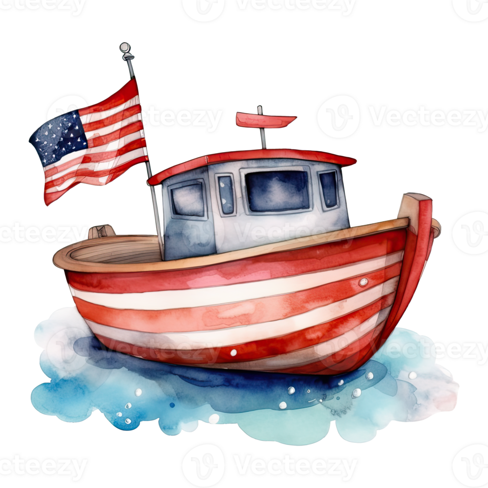 Watercolor happy cute patriotic boat, ship with American flag print, Fourth 4th of july Independence Day USA, isolated. png