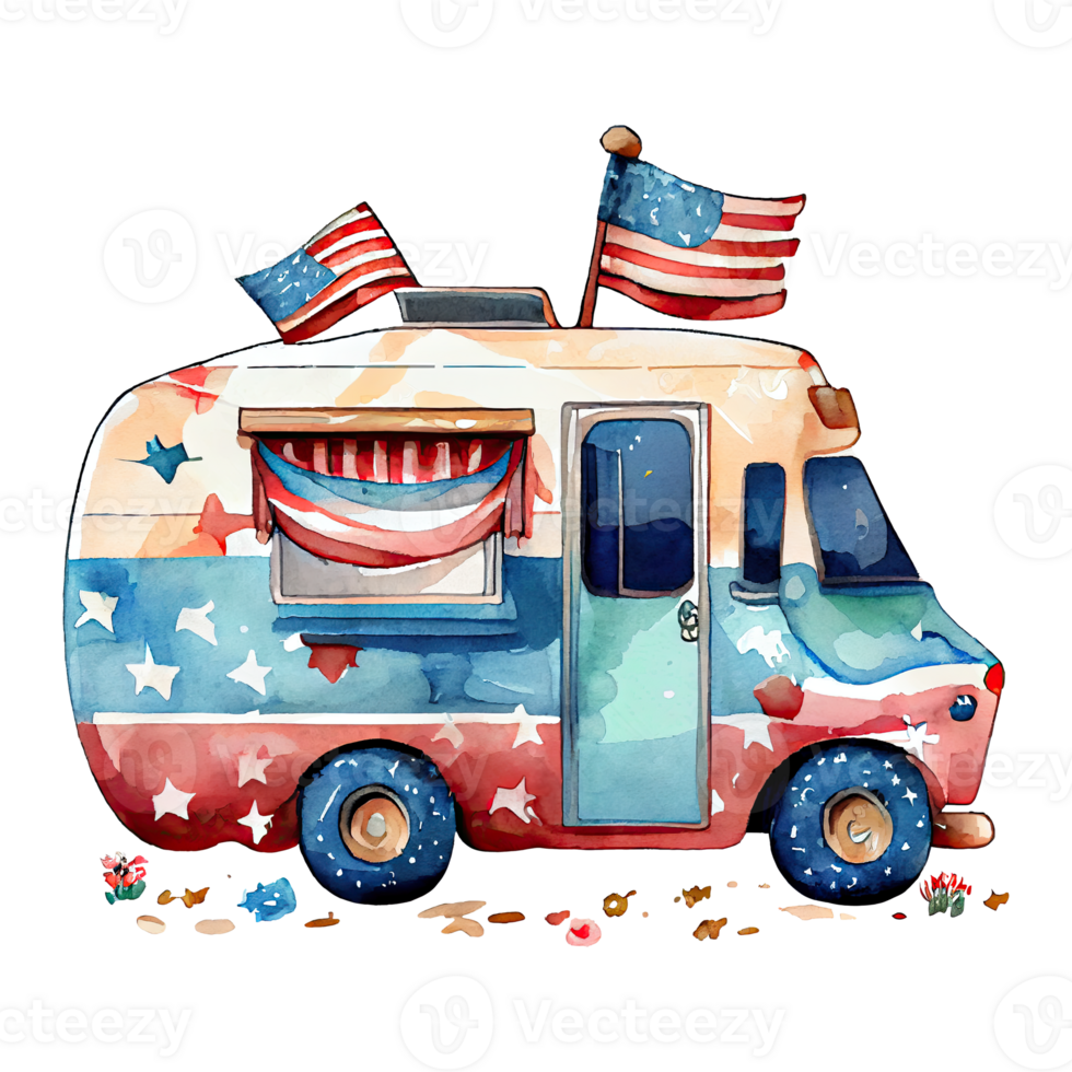 Watercolor happy cute patriotic car, track with American flag print, Fourth 4th of july Independence Day USA, isolated. png