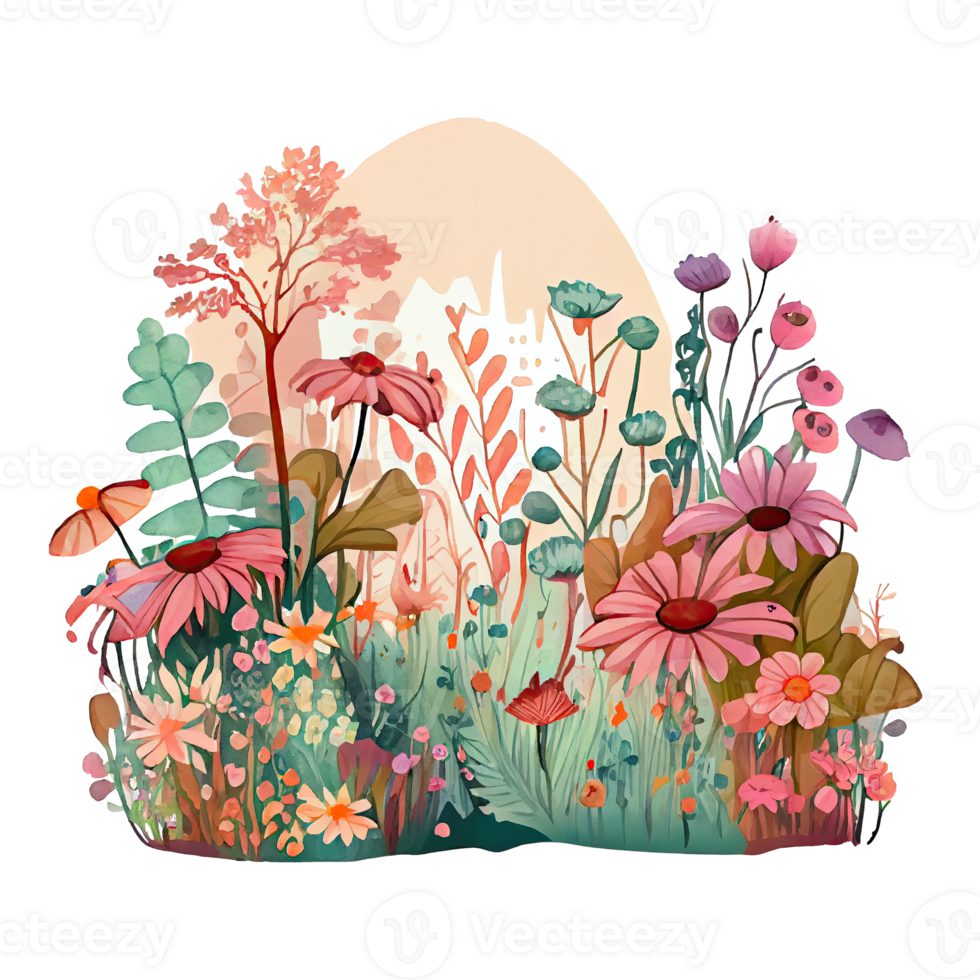 Watercolor whimsical drawing of a flower garden with cute details, isolated. png