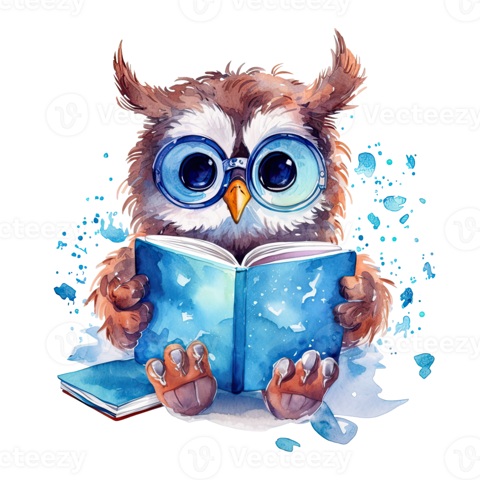 Watercolor cute owl with glasses reading book, isolated. png