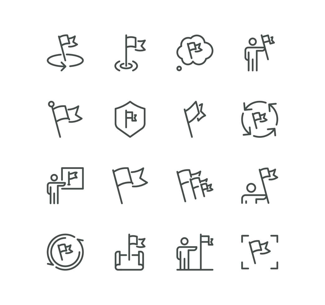 Set of flag related icons, achievement, finish line, victory, map with a flag and linear variety vectors. vector