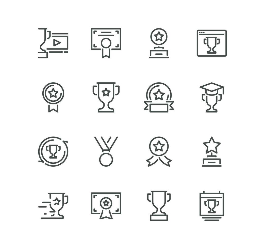 Set of awards related icons, ribbon badge, trophy, winner, medal, certificate, online competition and linear variety vectors. vector