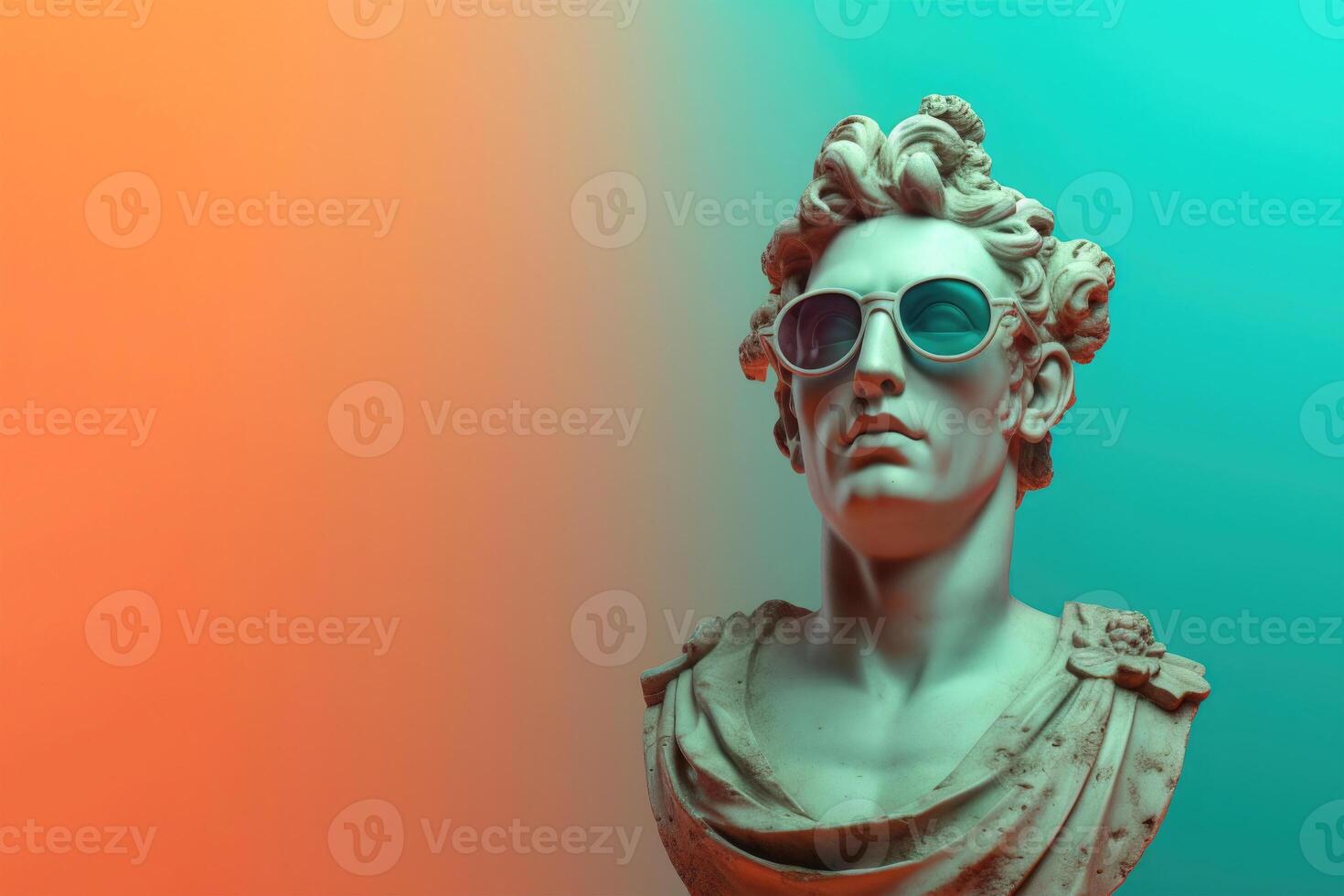 Gypsum statue in sunglasses on colored abstract background. photo