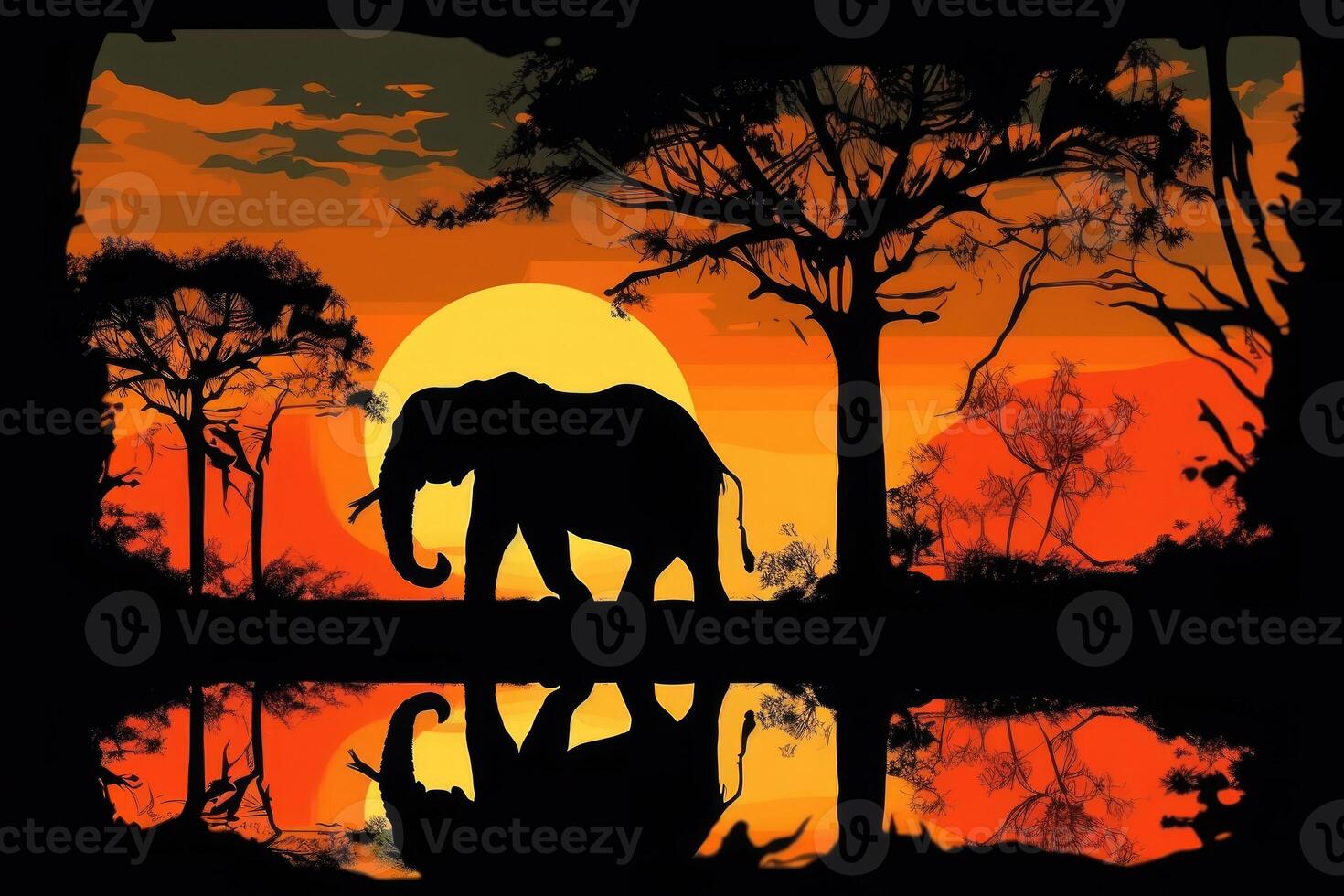 Silhouette of african animals. Elephant at sunset near trees. photo