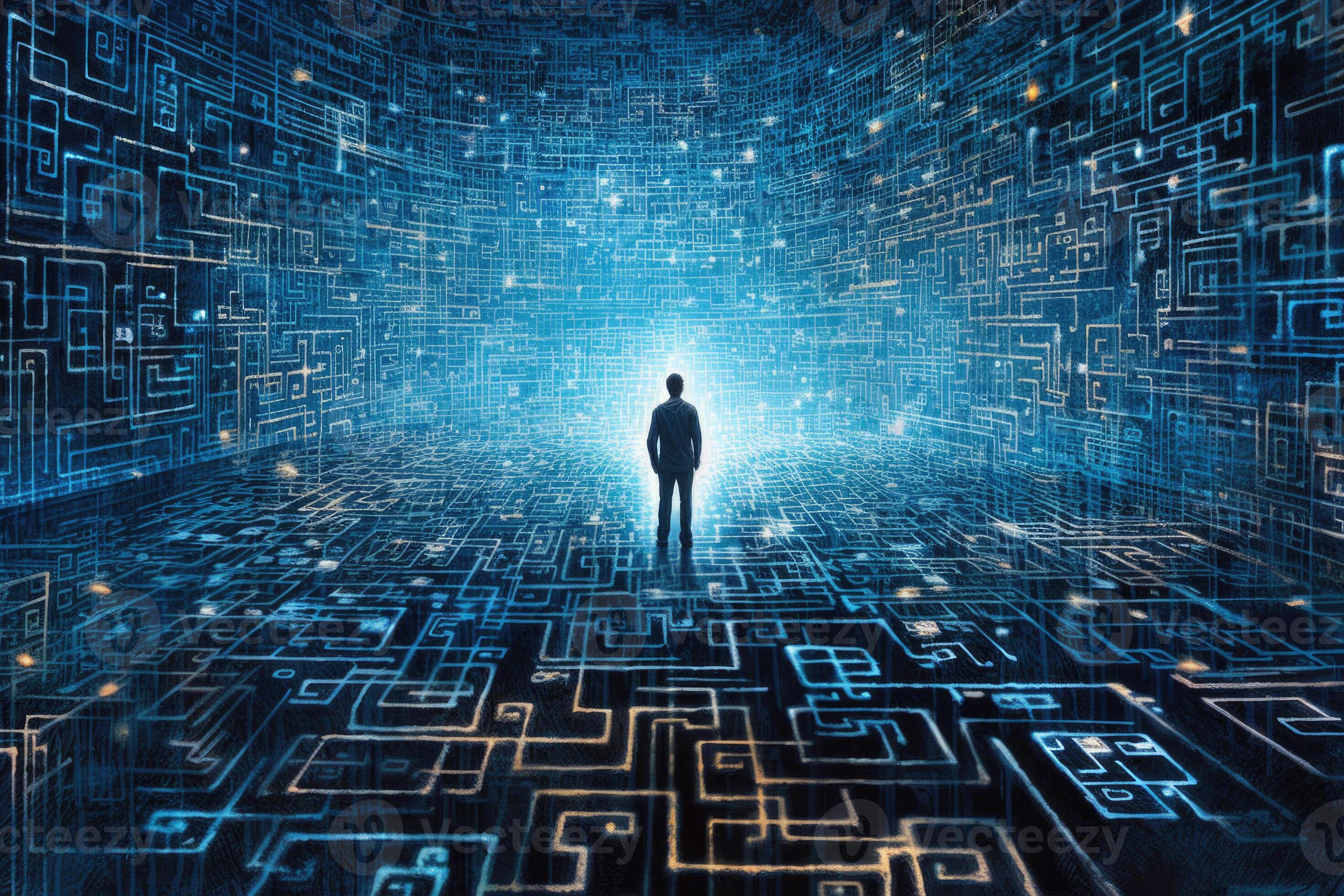 Person silhouette lost in digital maze. Labyrinth in cyberspace 