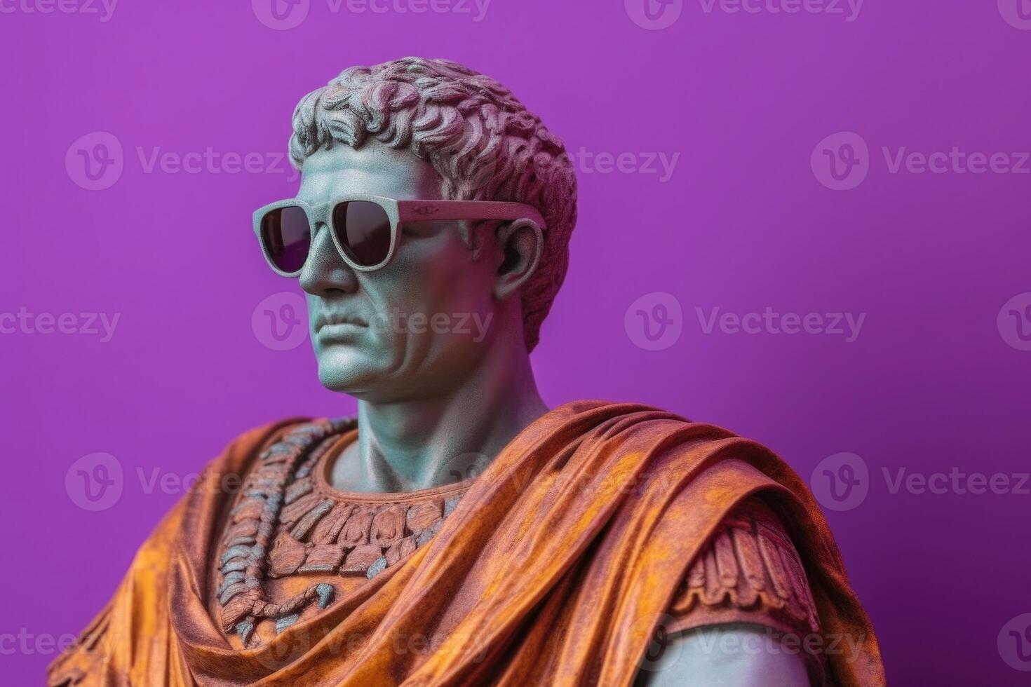 Gypsum statue in sunglasses on colored abstract background. photo