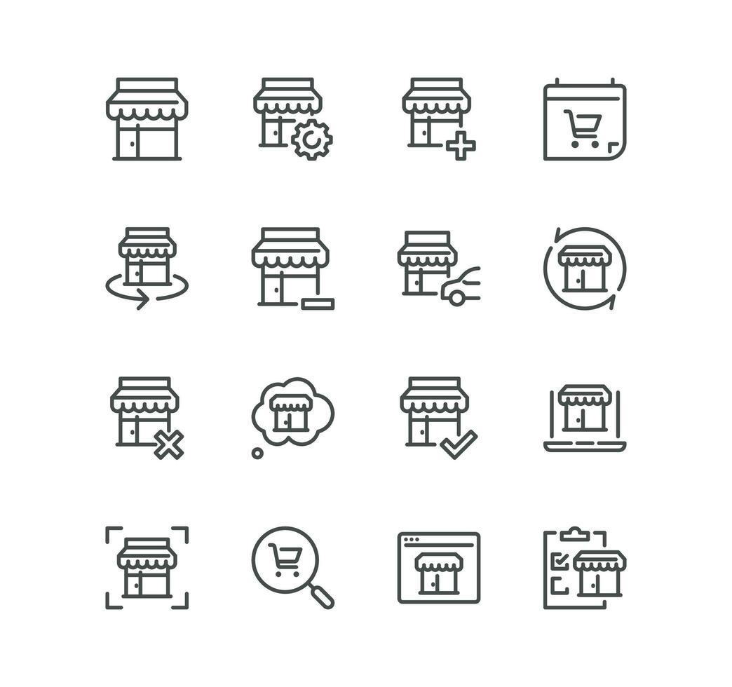 Set of shop management related icons, increase sales, supermarket, boutique, showroom building and linear variety vectors. vector