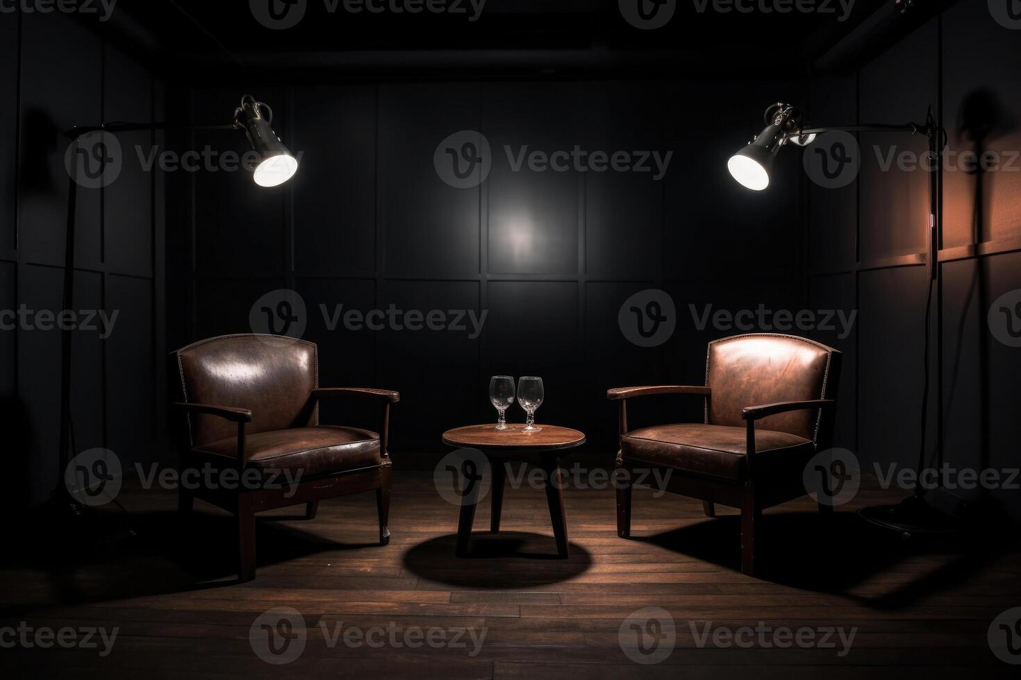 Podcast room interior with two empty chairs and spotlights. photo