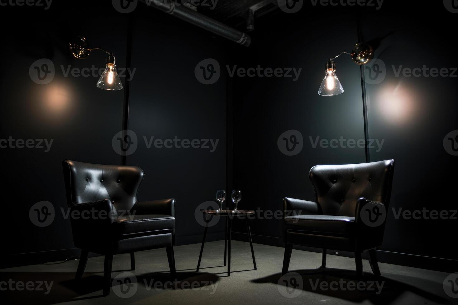 Podcast room interior with two empty chairs and spotlights. photo