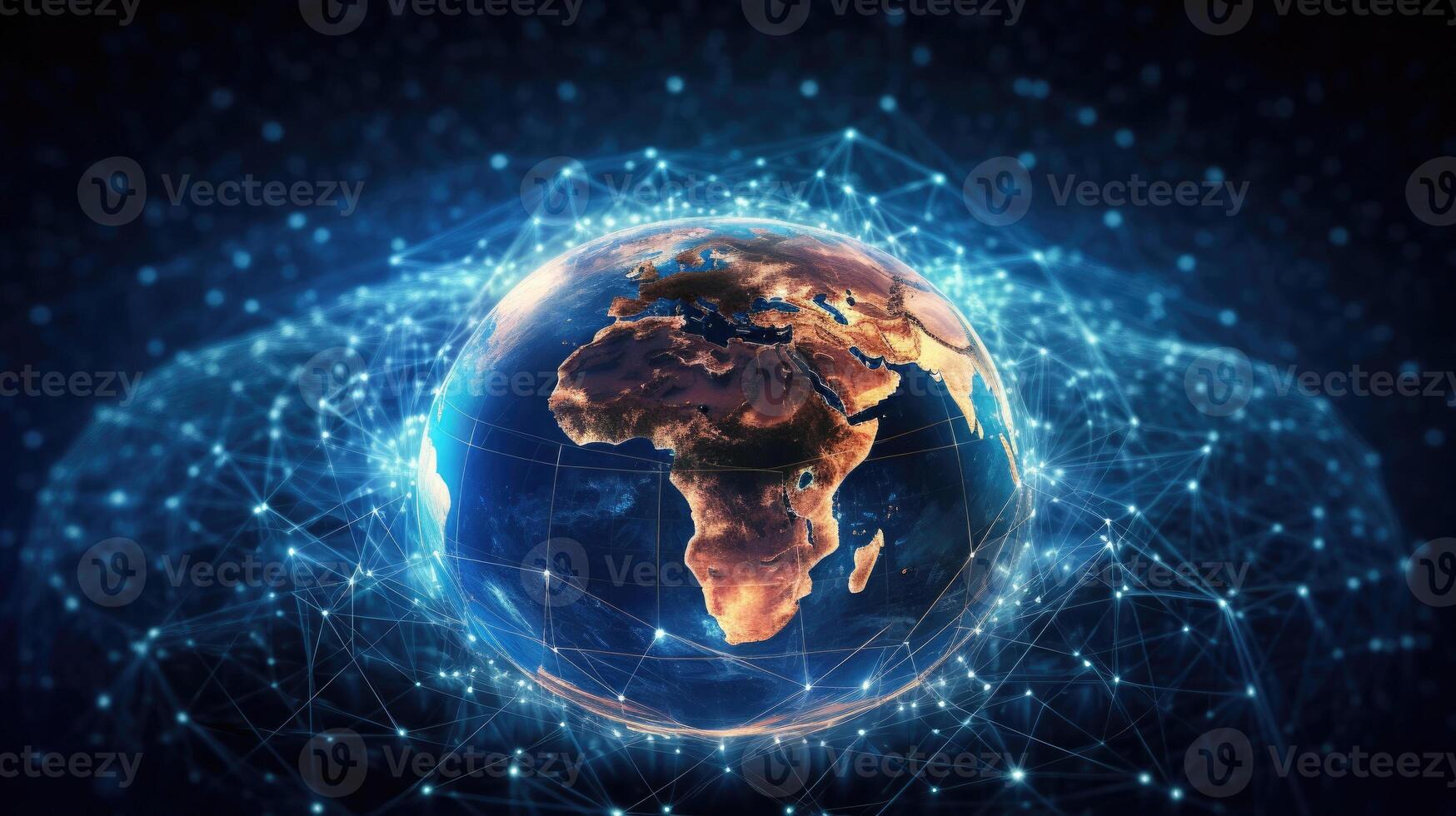 Planet with glowing connection lines around it. Global network. photo