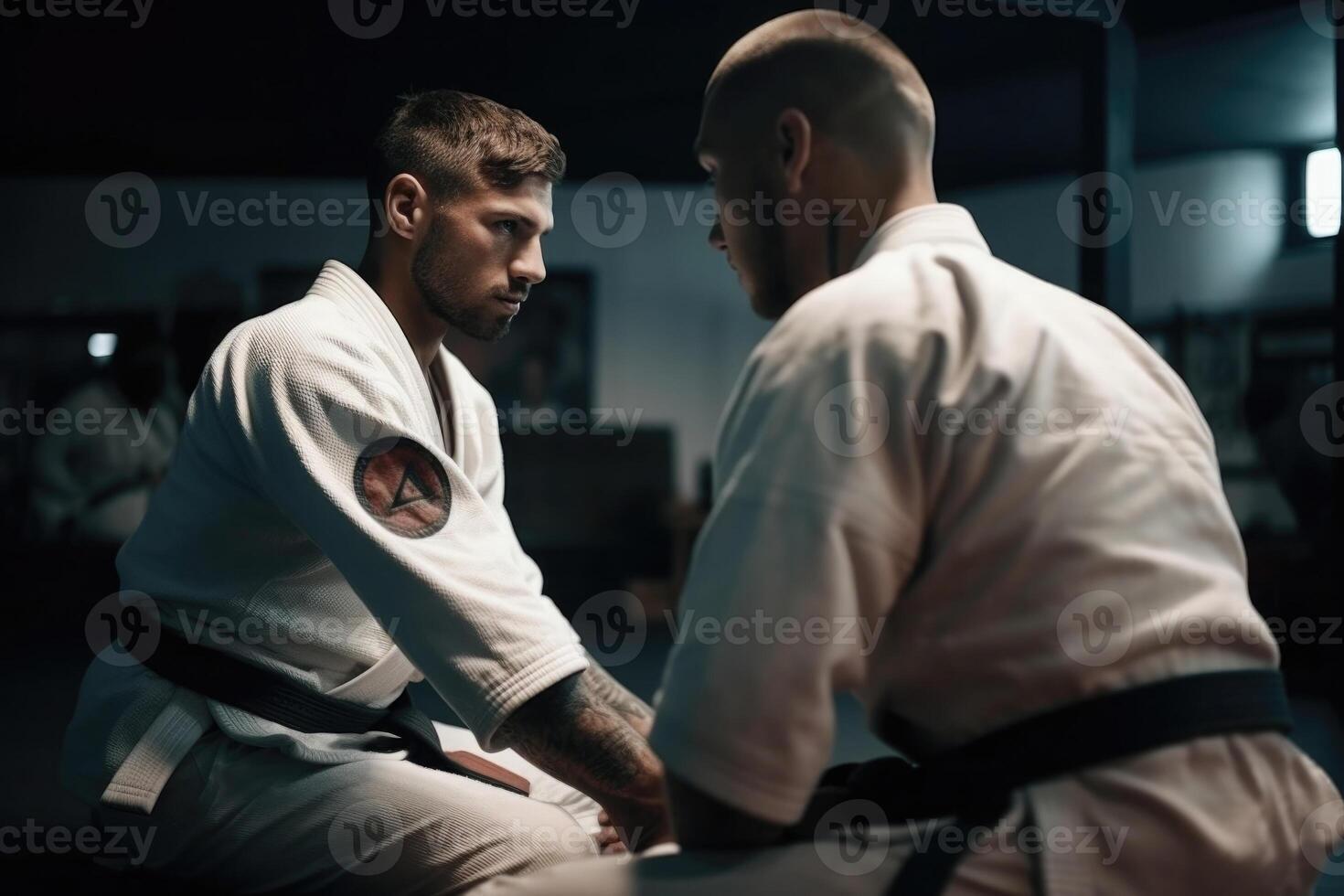 Two brazilian jiu jitsu fighters training on tatami. photo