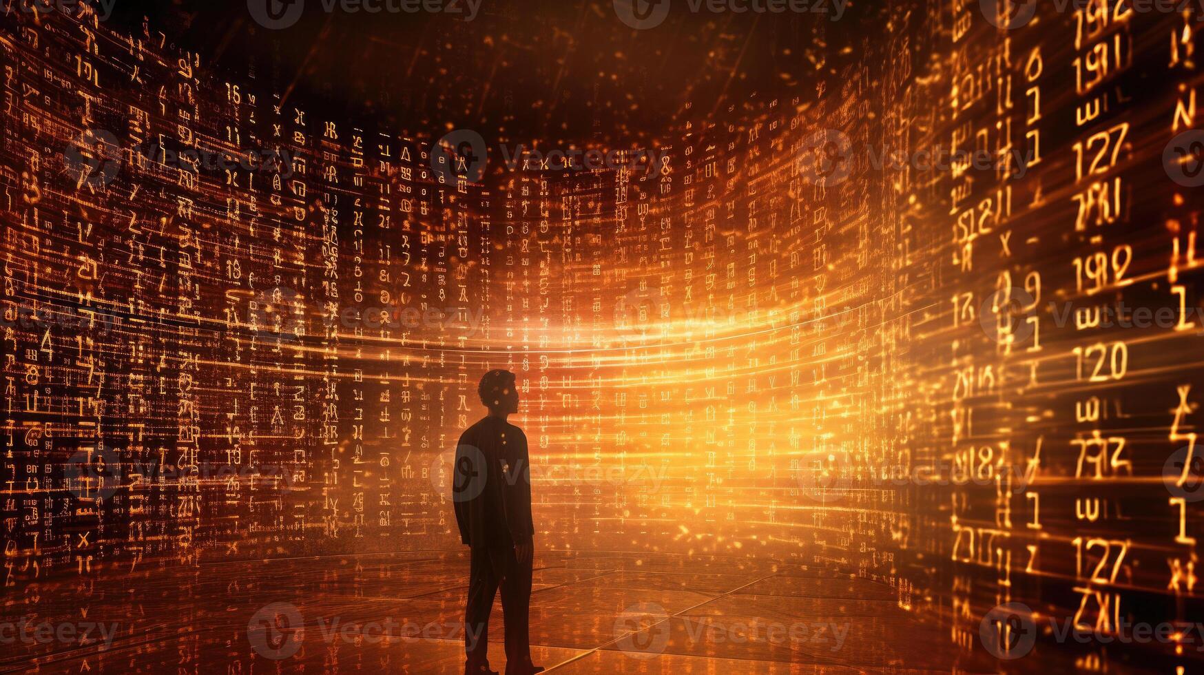 Human silhouette in digital world with binary code. photo