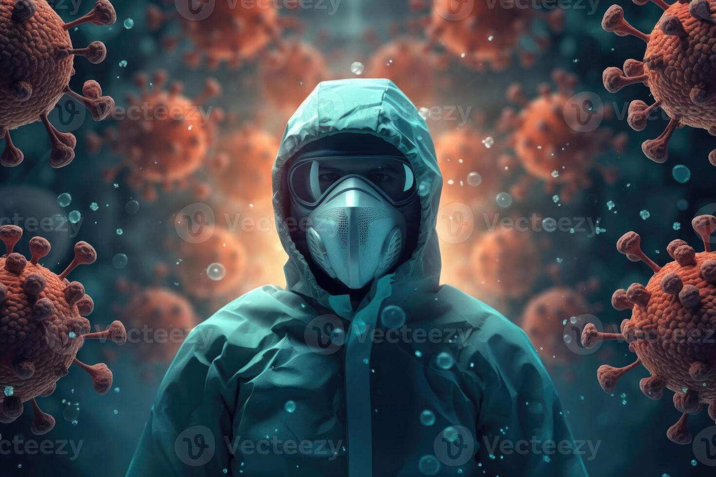 Person in medical mask near virus cells. photo