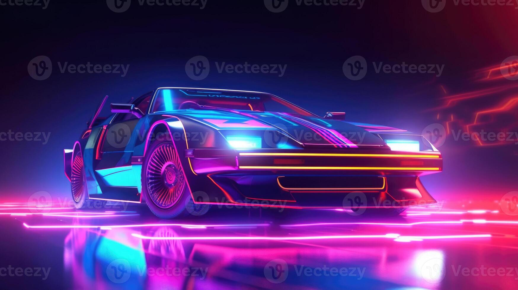 Futuristic sport car with neon lights at cyberpunk city street. photo