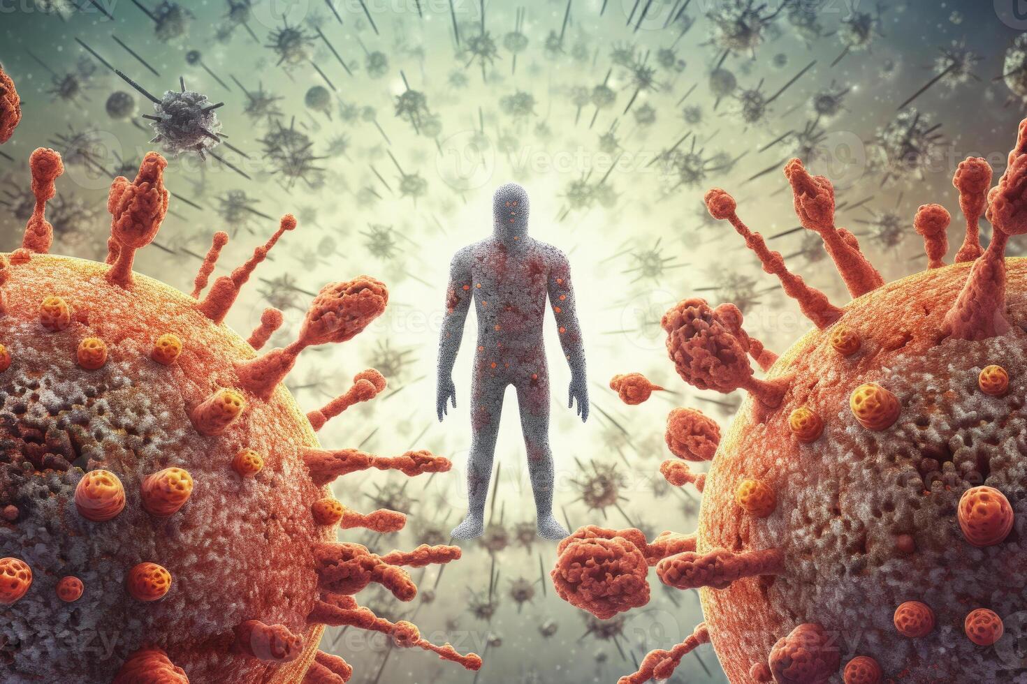 Different shapes bacterias and virus cells near person silhouette. photo