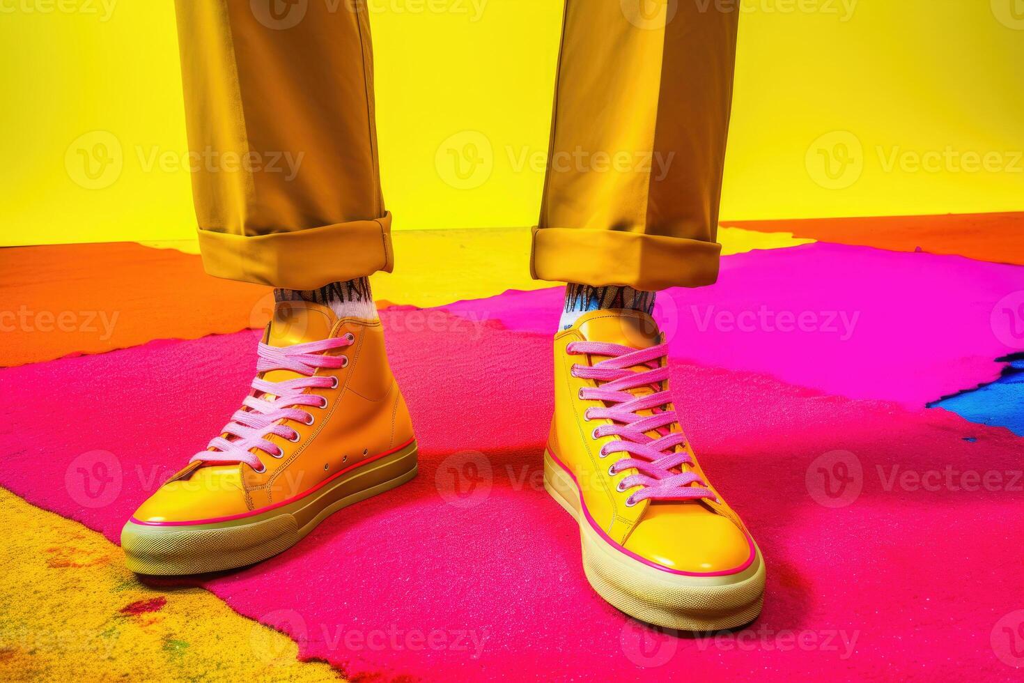 Stylish sneakers on colorful background. Fashion style. photo