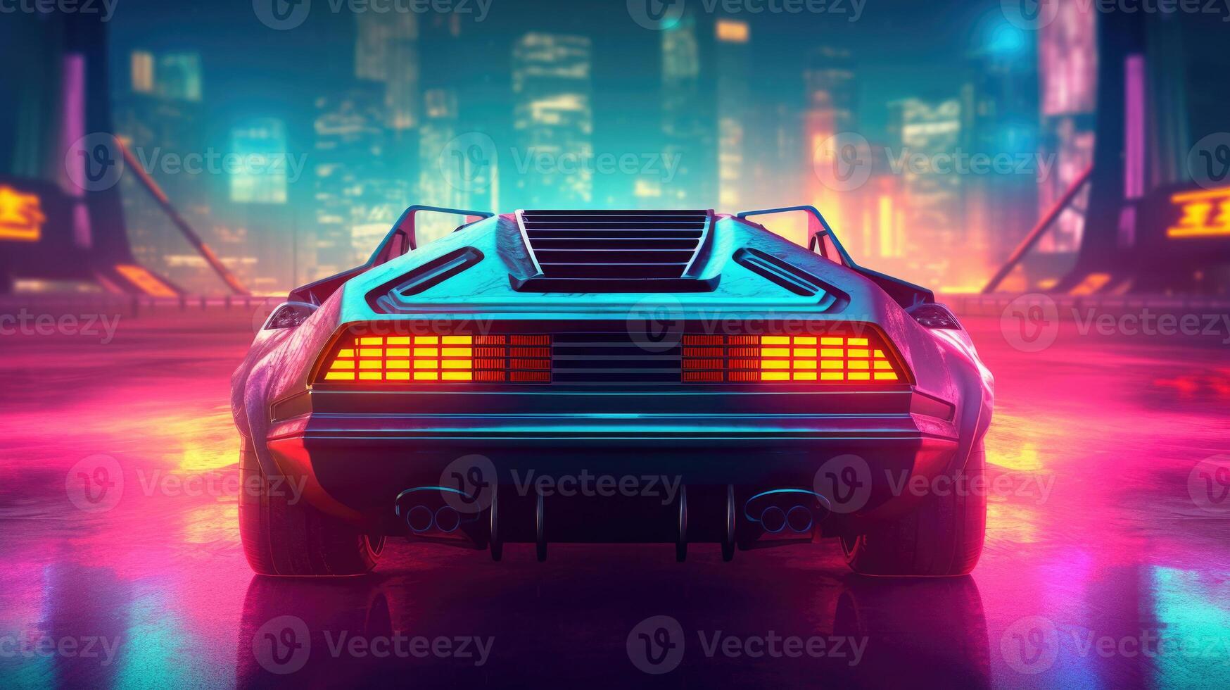 Futuristic sport car with neon lights at cyberpunk city street. photo
