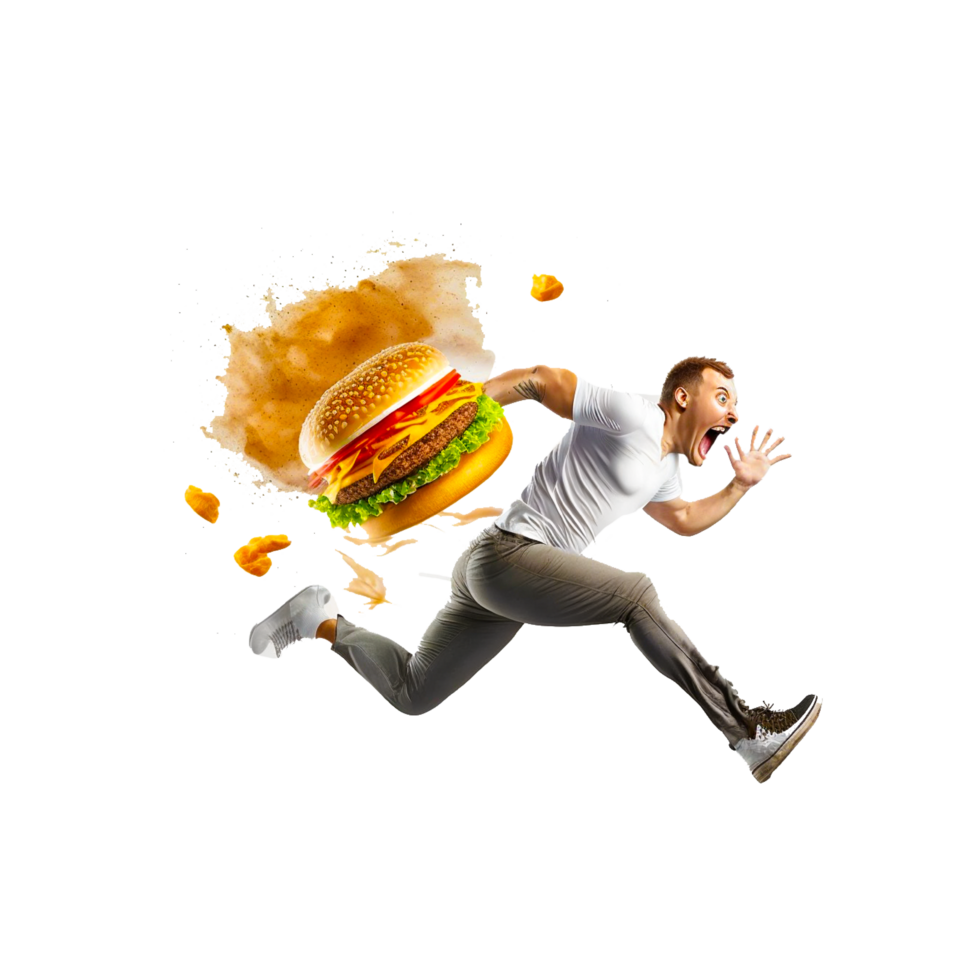 Mann Laufen mit Burger Essen png generativ ai