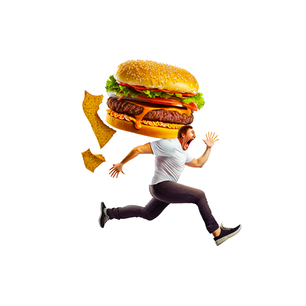 Mann Laufen mit Burger Essen png generativ ai