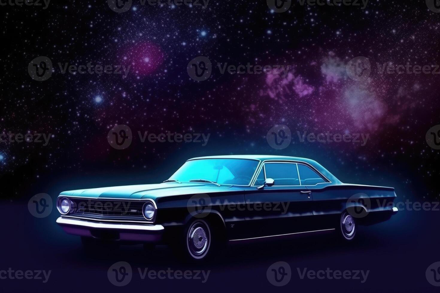 Futuristic retro car in space galaxy background. photo