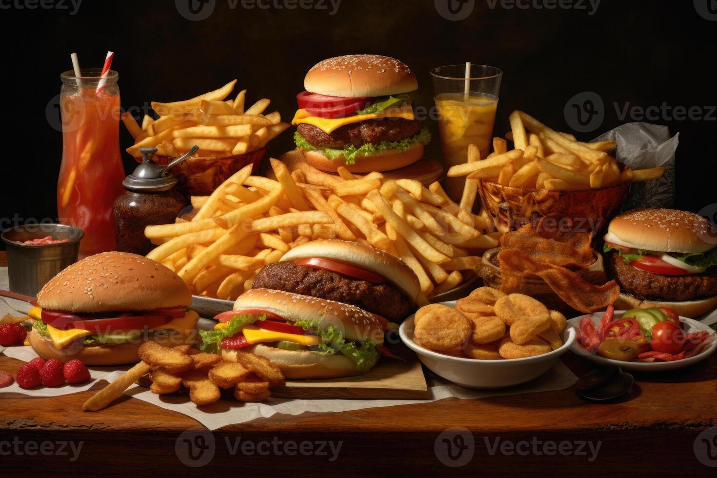 A lot of junk food on table. Unhealthy nutrition. photo