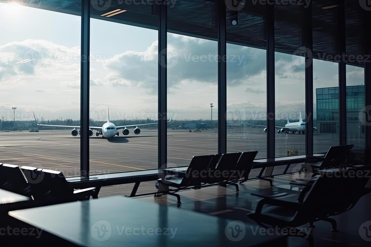 aeropuerto terminal interior con avión en el ventana. generativo ai foto