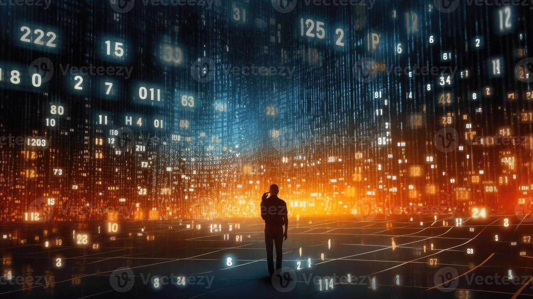 Human silhouette in digital world with binary code. photo