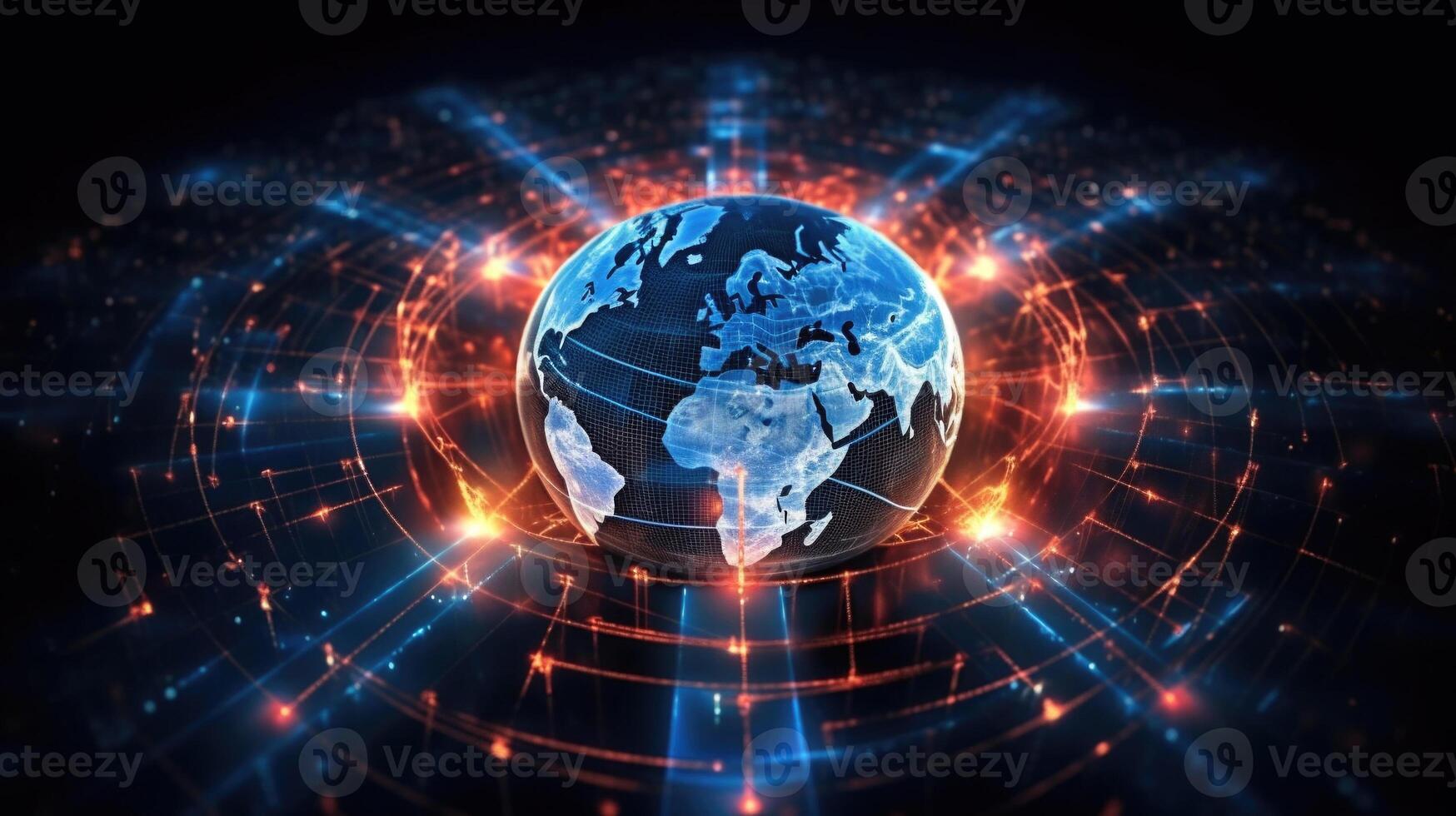 Planet with glowing connection lines around it. Global network. photo