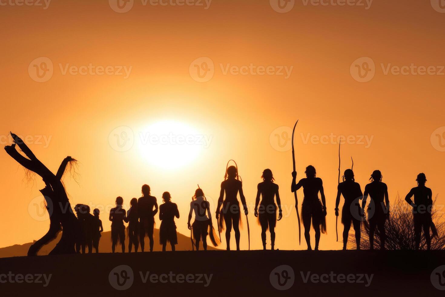 siluetas de africano aborígenes a puesta de sol. generativo ai foto