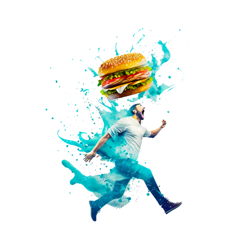 Man running with burger food png