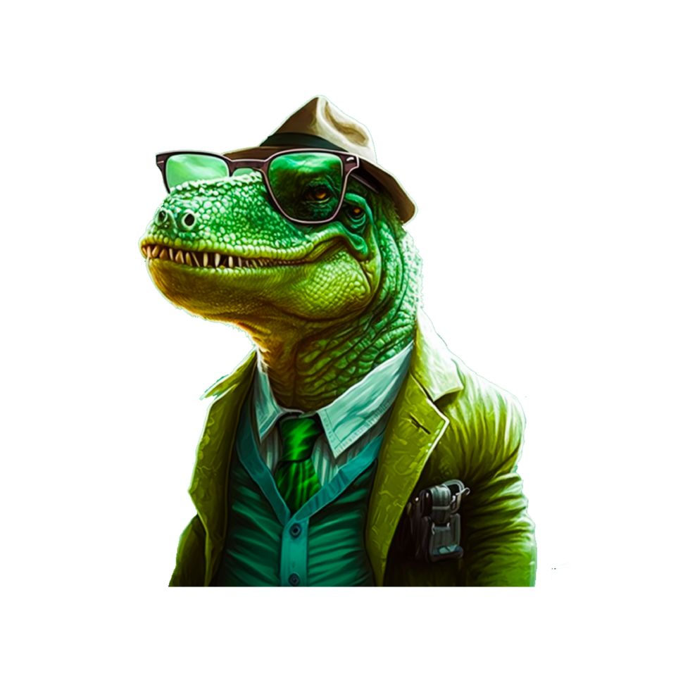 Portrait of a lizard in cartoon with sunglasses, detailed, sophisticated, funny and cool png