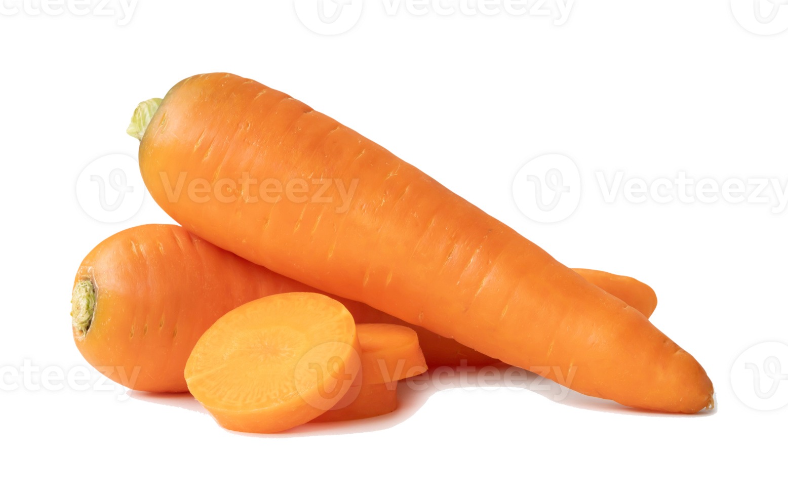 Two fresh orange carrots with slices in stack isolated with clipping path. Close up of healthy vegetable root png