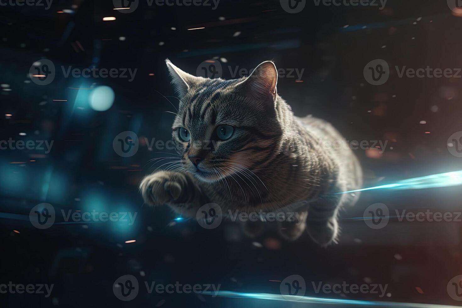 espacio gato volador mediante el estrellas cibernética neurocibernética Velocidad de la luz ilustración generativo ai foto