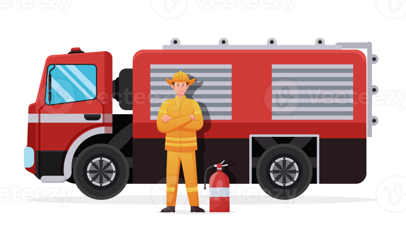Firefighter character with Fire truck png